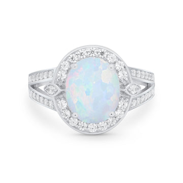 Art Deco Split Shank Engagement Bridal Ring Lab Created White Opal 925 Sterling Silver